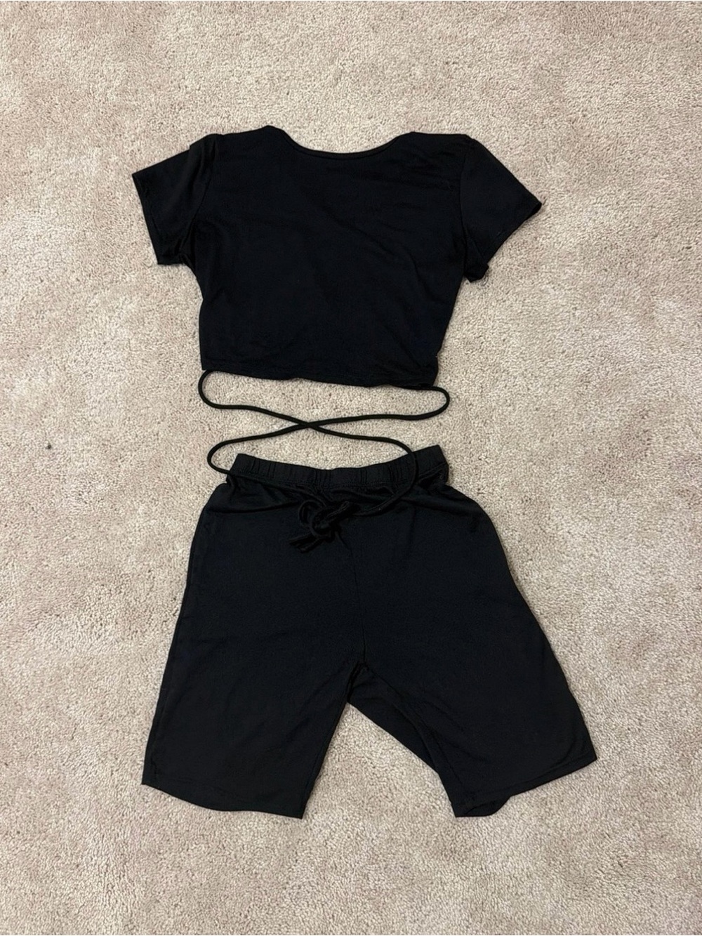 Fashion Nova Black 2-Piece Set Crop Top Tie Wrap Biker Shorts Matching Outfit